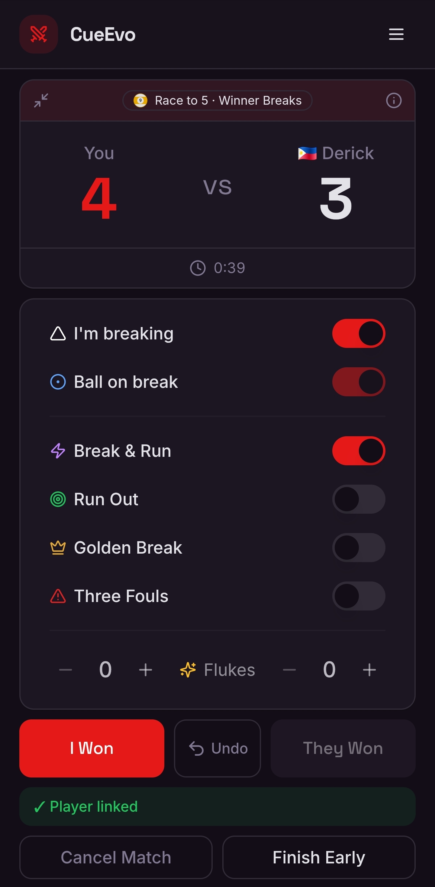 Live match scoring in CueEvo