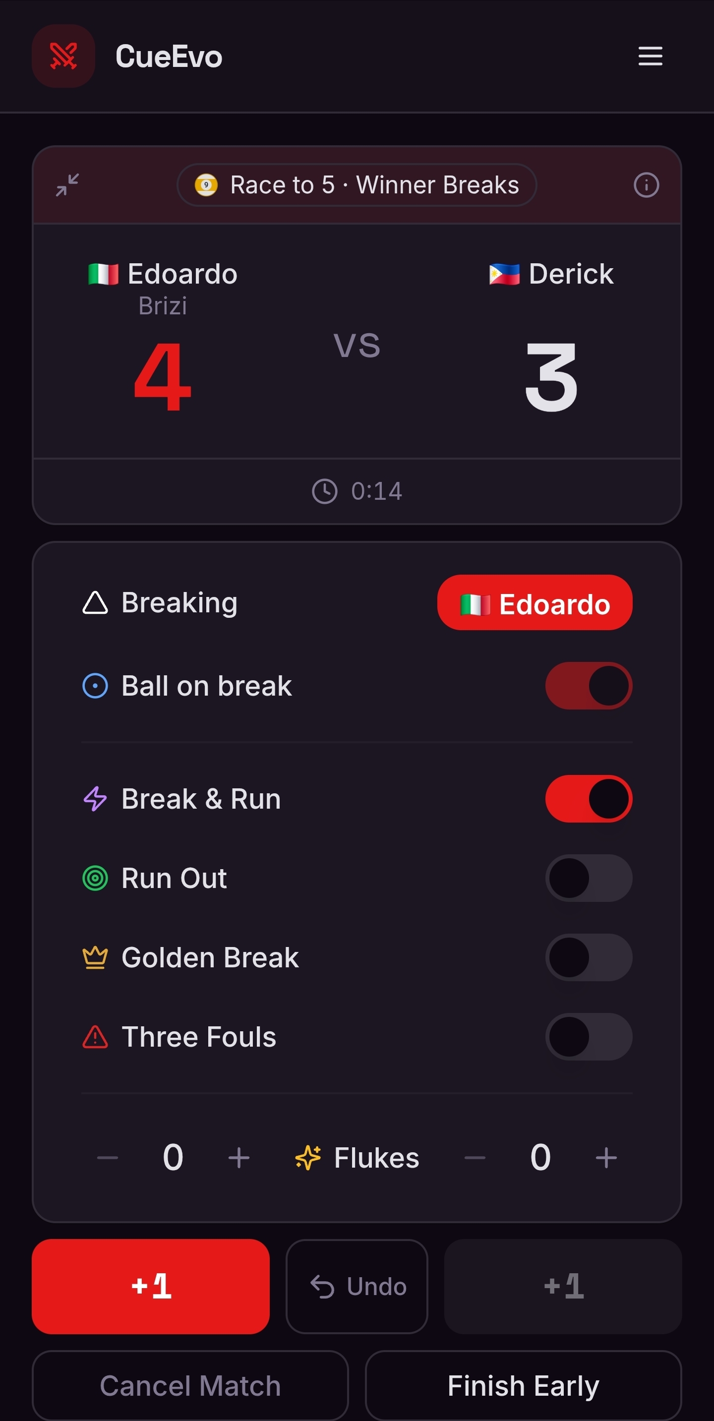 Live match scoring in CueEvo